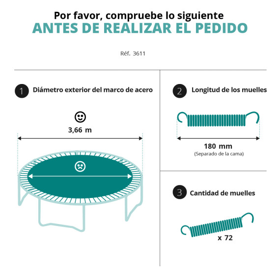 Tela de salto para cama elástica de 366 cm de diámetro de 72 muelles de 180 mm
