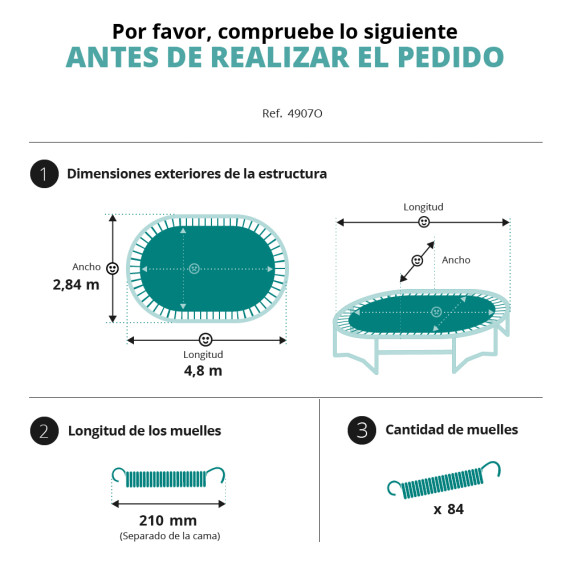 Tela de salto para cama elástica Ovalie 490 de 84 muelles de 210mm