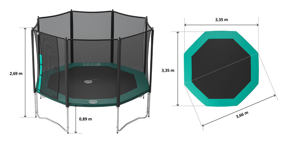 illustration de caract&eacute;ristiques du produit Maxi Pack Cama Elástica Waouuh 360 con red + Escalera + Kit de fijación + Funda