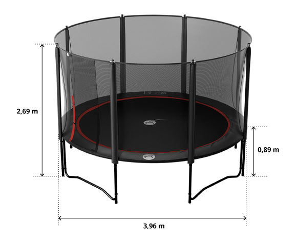 illustration de caract&eacute;ristiques du produit Maxi Pack Cama elástica Booster Black 390 con red + Escalera + Kit de fijación + Funda