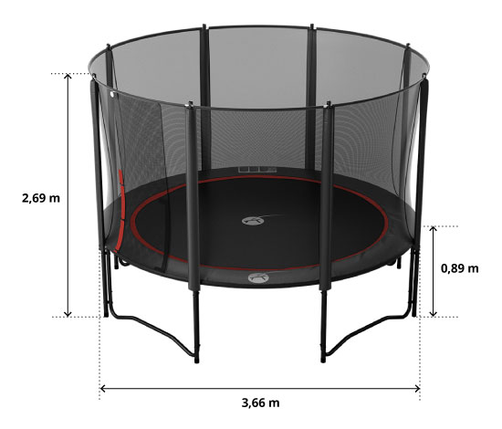 illustration de caract&eacute;ristiques du produit Maxi Pack Cama elástica Booster Black 360 con red + Escalera + Kit de fijación + Funda