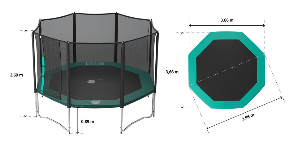 illustration de caract&eacute;ristiques du produit Maxi Pack Cama Elástica Waouuh 390 con red + Escalera + Kit de fijación + Funda
